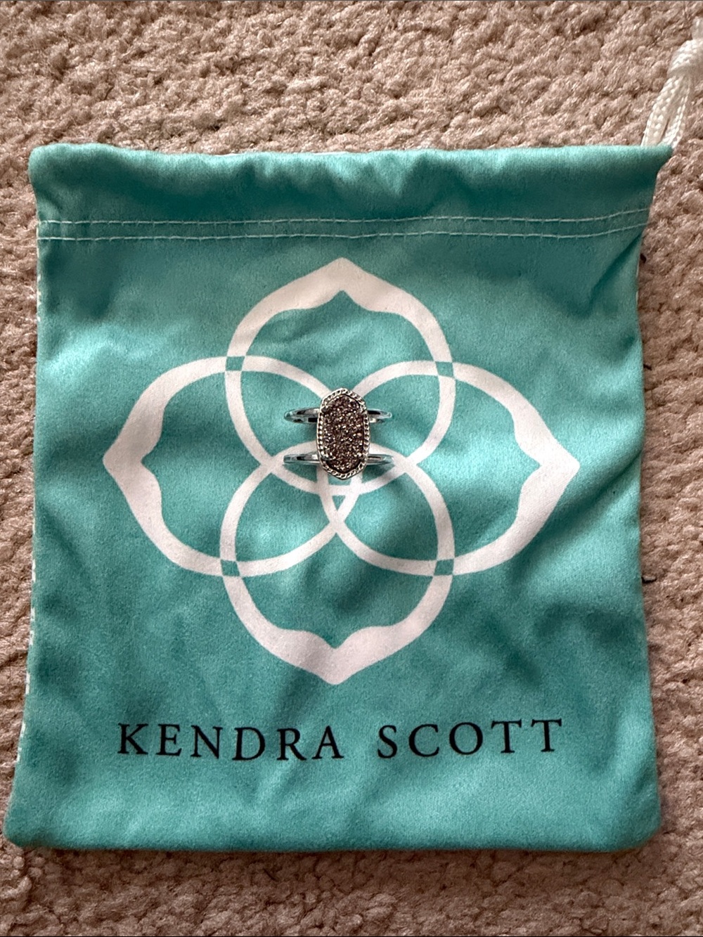 Kendra Scott Silver Drusy Oval Ring with Aqua Pouch